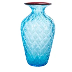 Officine di Murano 1295 1950 Piccolo vaso Balloton azzurro con bordo bordeaux