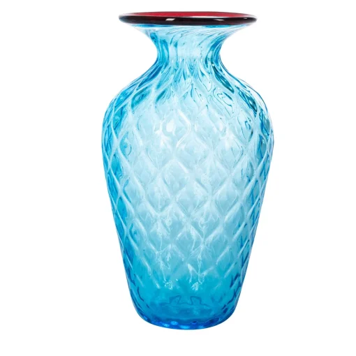 Officine di Murano 1295 1950 Piccolo vaso Balloton azzurro con bordo bordeaux