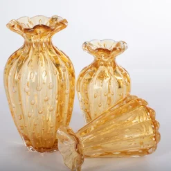 Officine di Murano 1295 1950 Set di 3 vasi in ambra con bolle d'oro