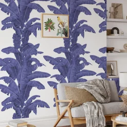 Wallpapers4Beginners Carta da parati blu con foglie tropicali