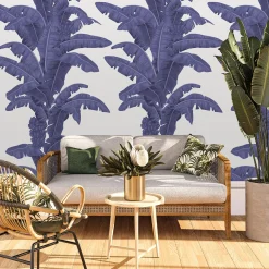 Wallpapers4Beginners Carta da parati blu con foglie tropicali