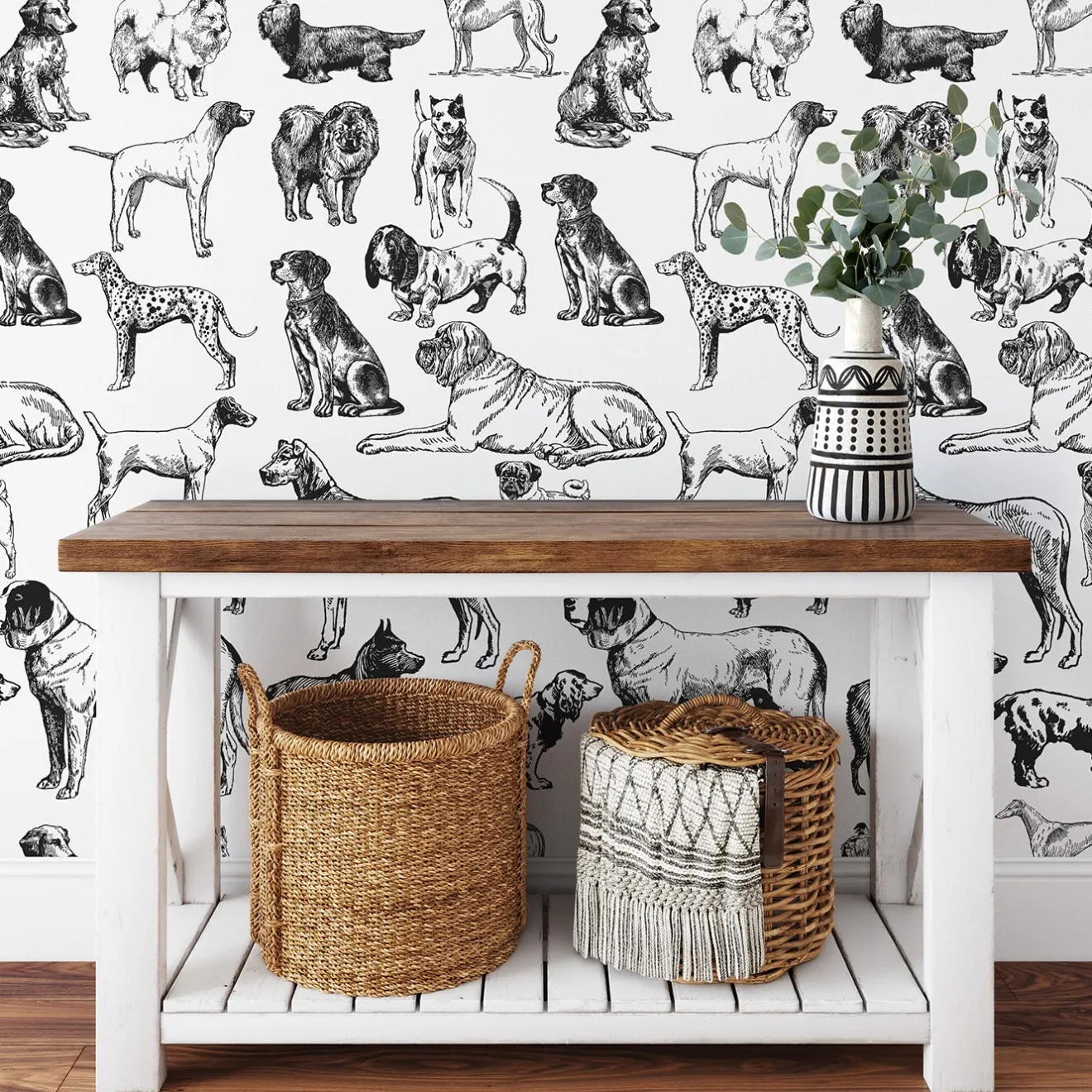 Wallpapers4Beginners Carta da Parati con Cani Disegnati a Mano in Bianco e Nero