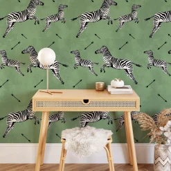 Wallpapers4Beginners Carta da Parati Verde con Zebre Volanti
