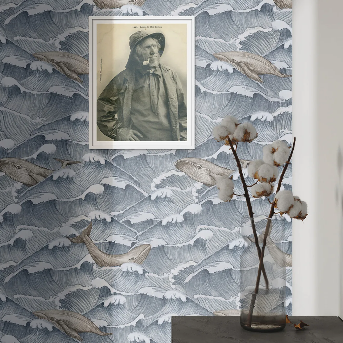 Wallpapers4Beginners Carta da Parati Vintage Blu e Bianca con Balene e Onde