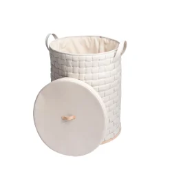 Marricreo Cesto da bucato in ecopelle crema con coperchio di Ponza annodato