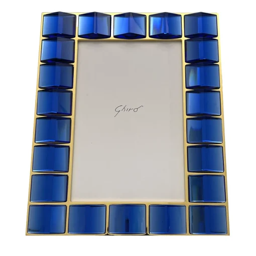 Ghirò Studio Cornice portafoto in ottone placcato oro 24 carati e cristallo blu lavorato a mano