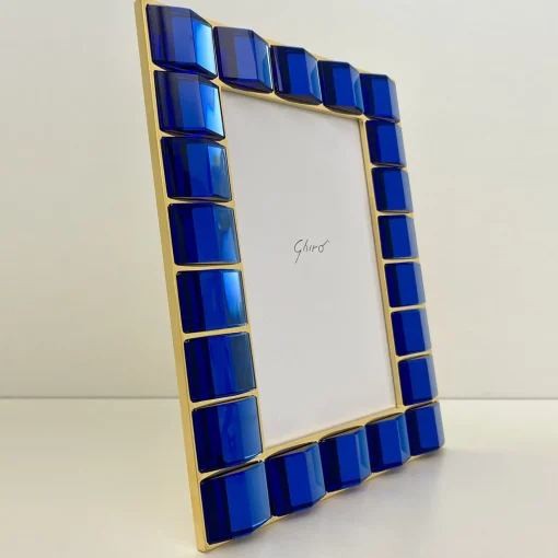 Ghirò Studio Cornice portafoto in ottone placcato oro 24 carati e cristallo blu lavorato a mano