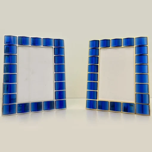 Ghirò Studio Cornice portafoto in ottone placcato oro 24 carati e cristallo blu lavorato a mano