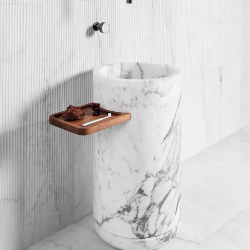 Luce Di Carrara Lavabo in marmo cilindrico Monolithos con vassoio in legno