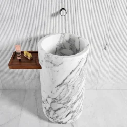 Luce Di Carrara Lavabo in marmo cilindrico Monolithos con vassoio in legno