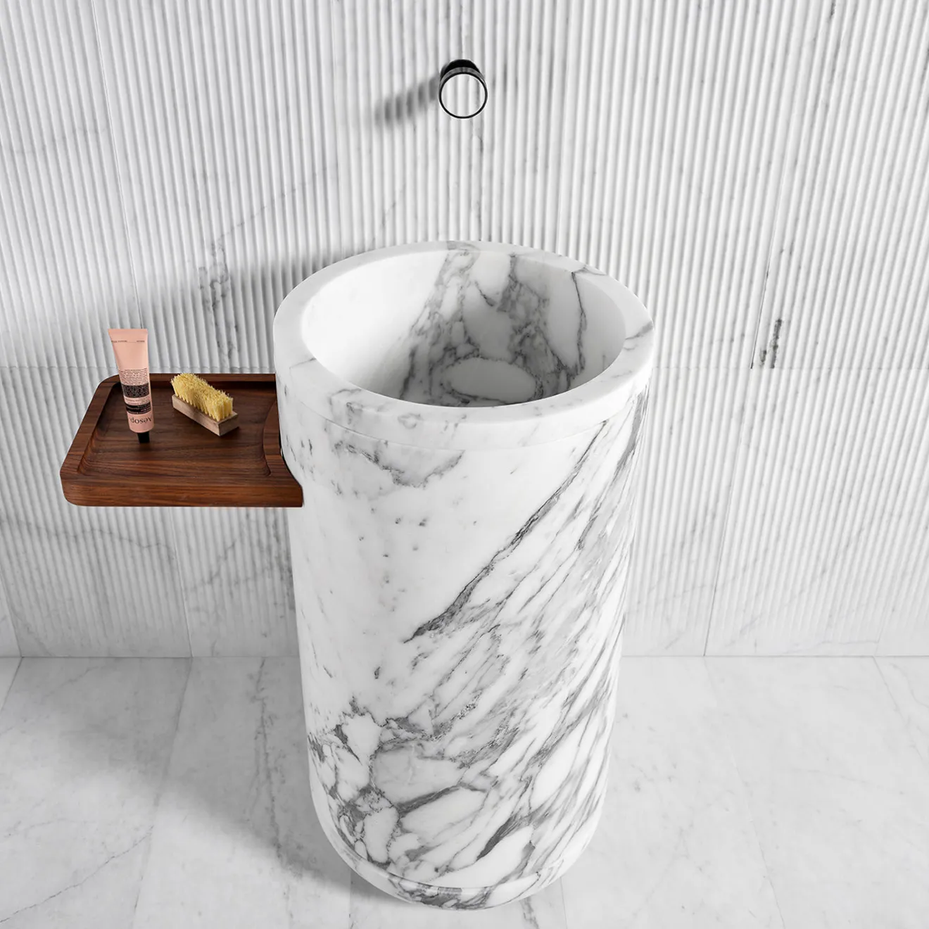 Luce Di Carrara Lavabo in marmo cilindrico Monolithos con vassoio in legno