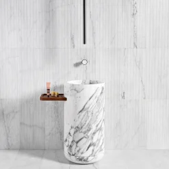 Luce Di Carrara Lavabo in marmo cilindrico Monolithos con vassoio in legno