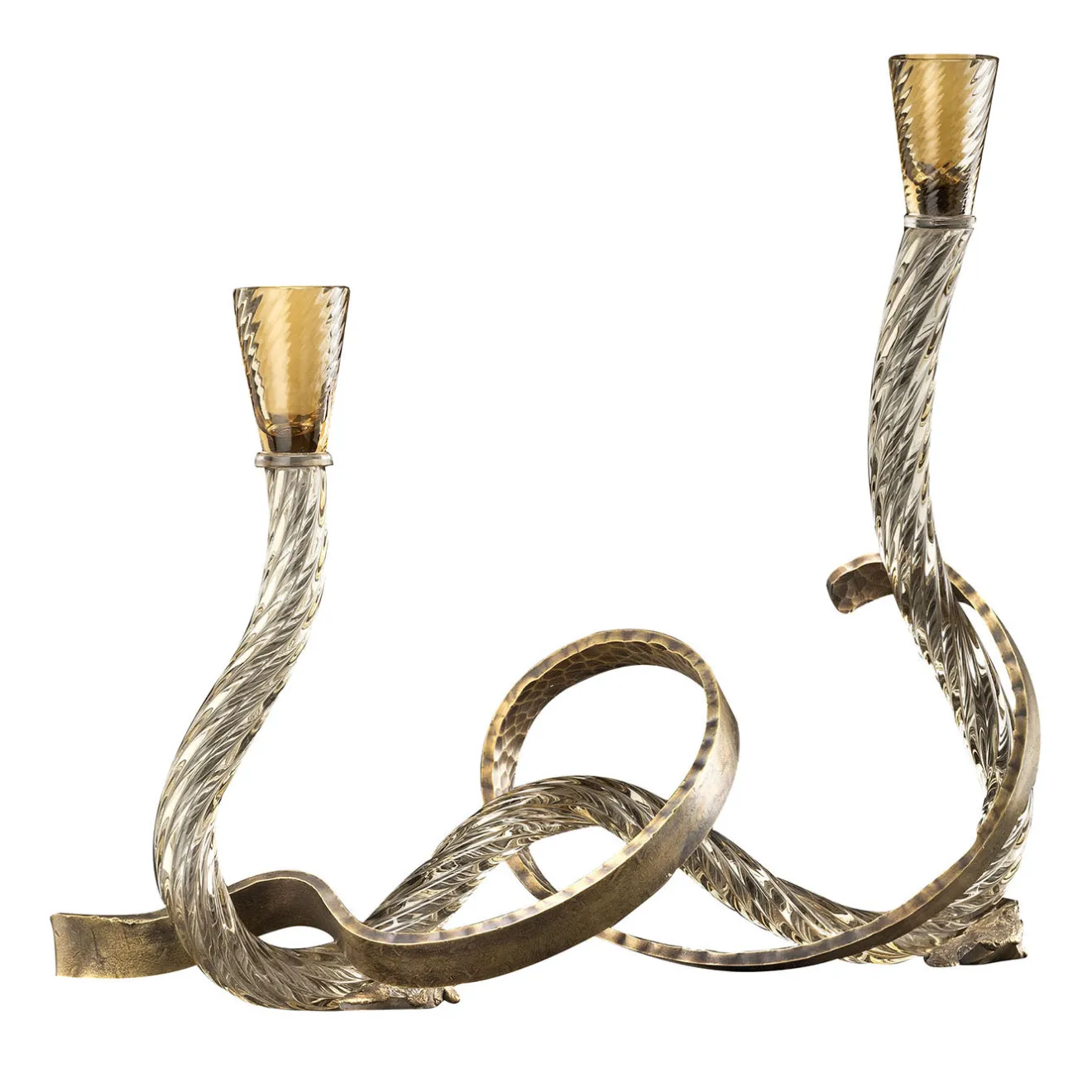 Aina Kari Portacandele Ribbon in Vetro di Murano Champagne e Ottone Curvato a Mano
