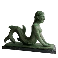 Todini Sculture Scultura in ceramica bronzea della Sirena etrusca su base in marmo marquinia