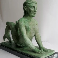 Todini Sculture Scultura in ceramica bronzea della Sirena etrusca su base in marmo marquinia