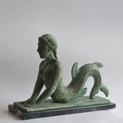 Todini Sculture Scultura in ceramica bronzea della Sirena etrusca su base in marmo marquinia