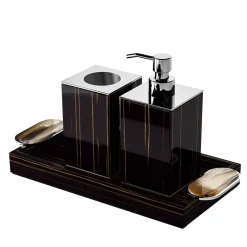 Arcahorn Set di dispenser per sapone e portaspazzolino Argentella Ebano