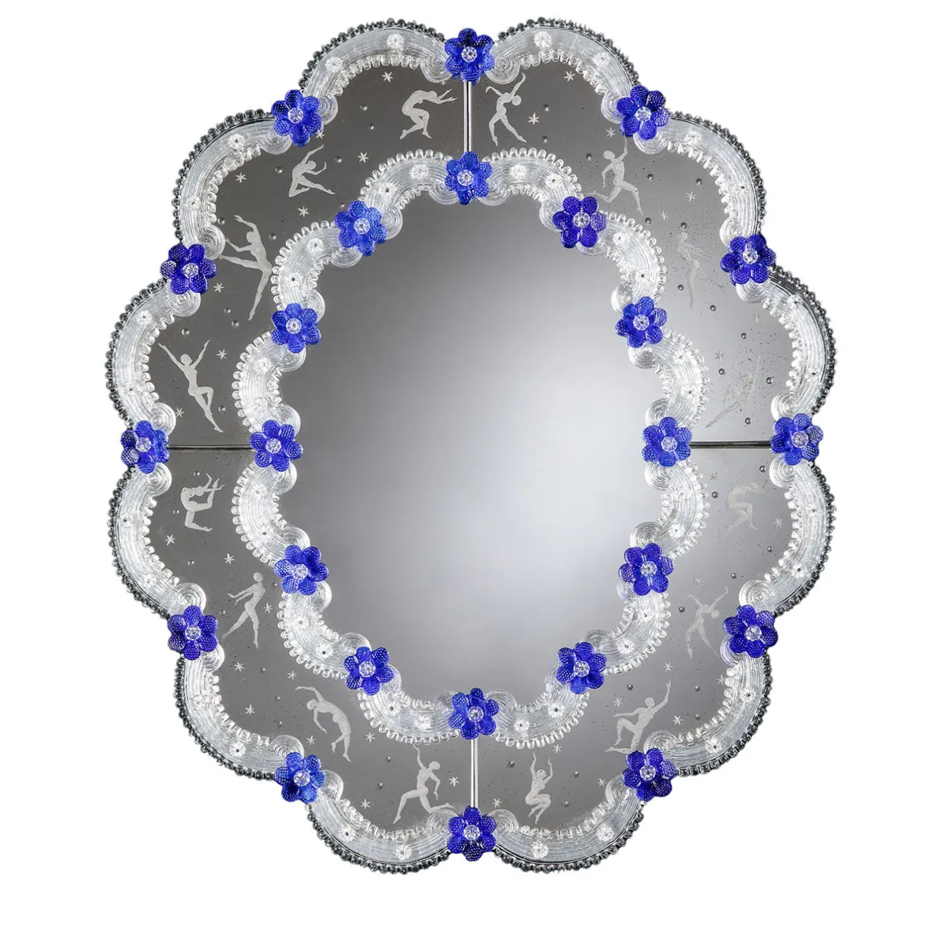 Barbini Specchio da parete Dancers in vetro di Murano blu e argento