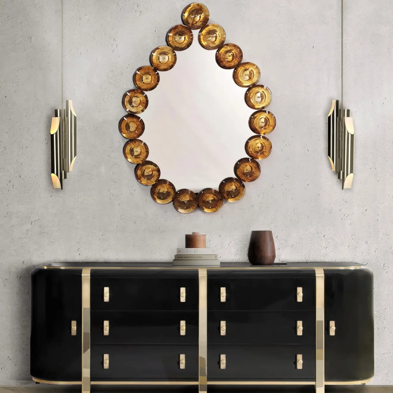 Fratelli Tosi Specchio da parete in vetro di Murano Goccia Ambra