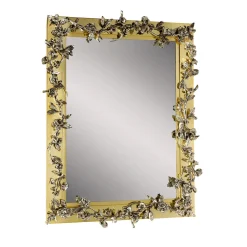 Bronzetto Specchio da parete rettangolare Palmira in ottone con fiori in bronzo