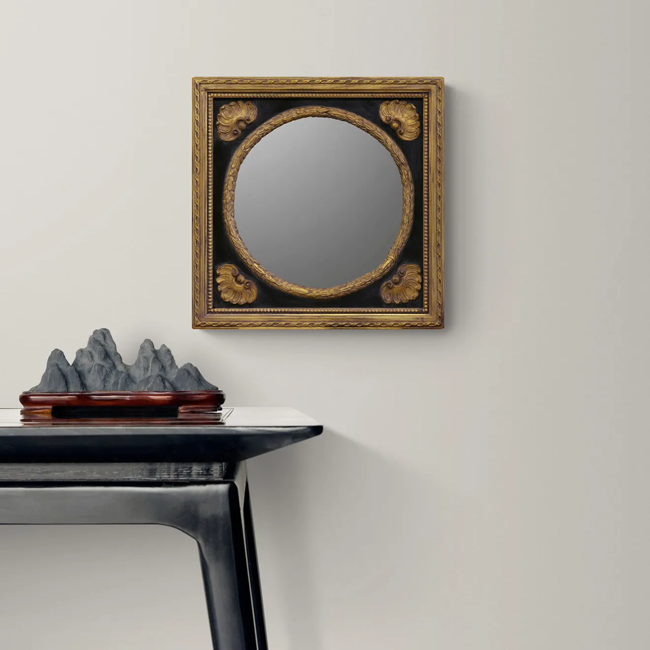 Caiafa Specchio da parete rotondo in ebano e oro