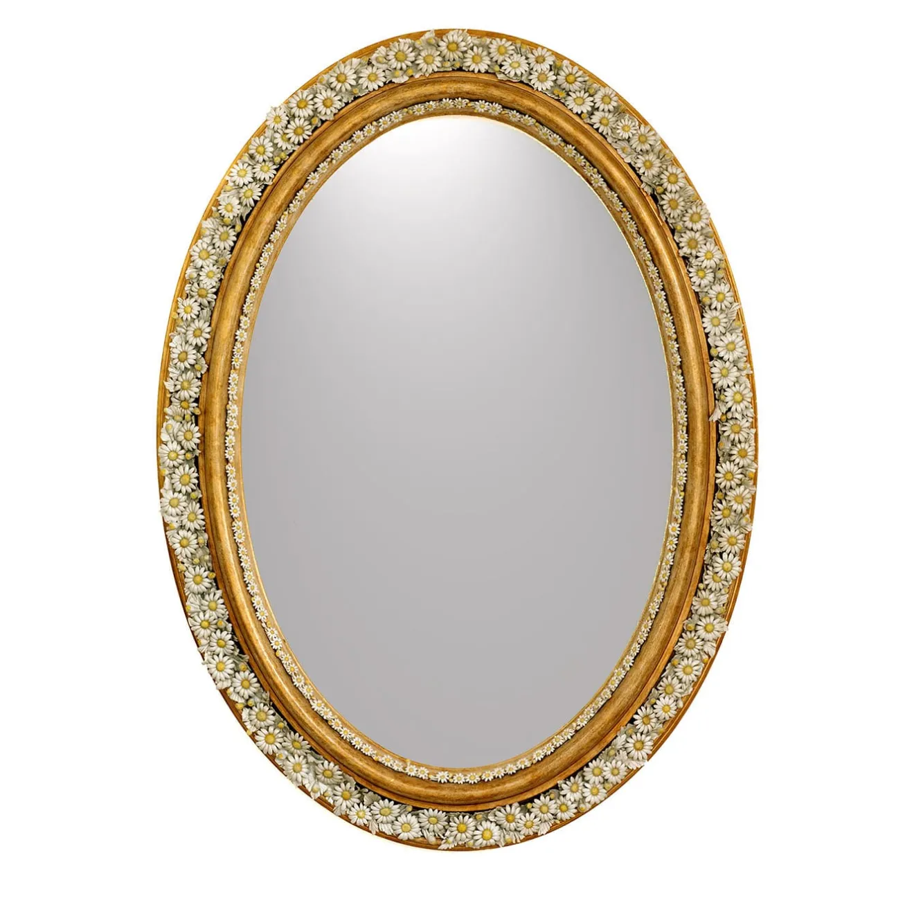 Caiafa Specchio Ovale con Margherite in Porcellana di Capodimonte e Foglia d'Oro Applicata a Mano