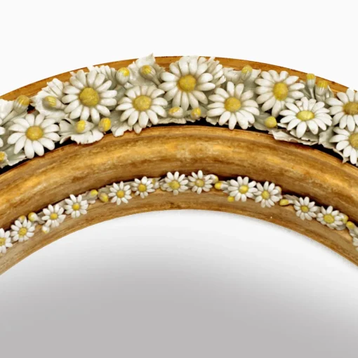 Caiafa Specchio Ovale con Margherite in Porcellana di Capodimonte e Foglia d'Oro Applicata a Mano