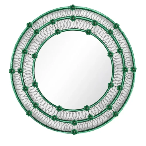 Ongaro & Fuga Specchio Rotondo Ostregher Con Decoro Floreale Verde In Vetro Di Murano