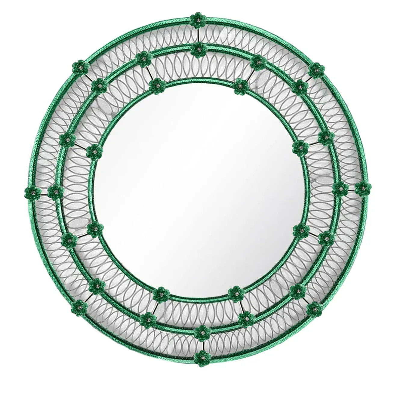 Ongaro & Fuga Specchio Rotondo Ostregher Con Decoro Floreale Verde In Vetro Di Murano