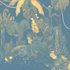 KOHRO Tessuto murale in poliestere blu e giallo Jungle Lounge