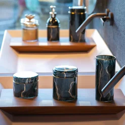 Griffe Montenapoleone by Vetrerie di Empoli Vaso di vetro basso nero ispirato al marmo di Portoro con coperchio