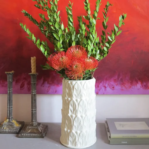 Pietrachiara Vaso medio in gres bianco con motivo a foglie Anne