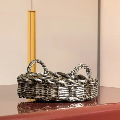 Caspal Vassoio decorativo rotondo in metallo placcato intrecciato